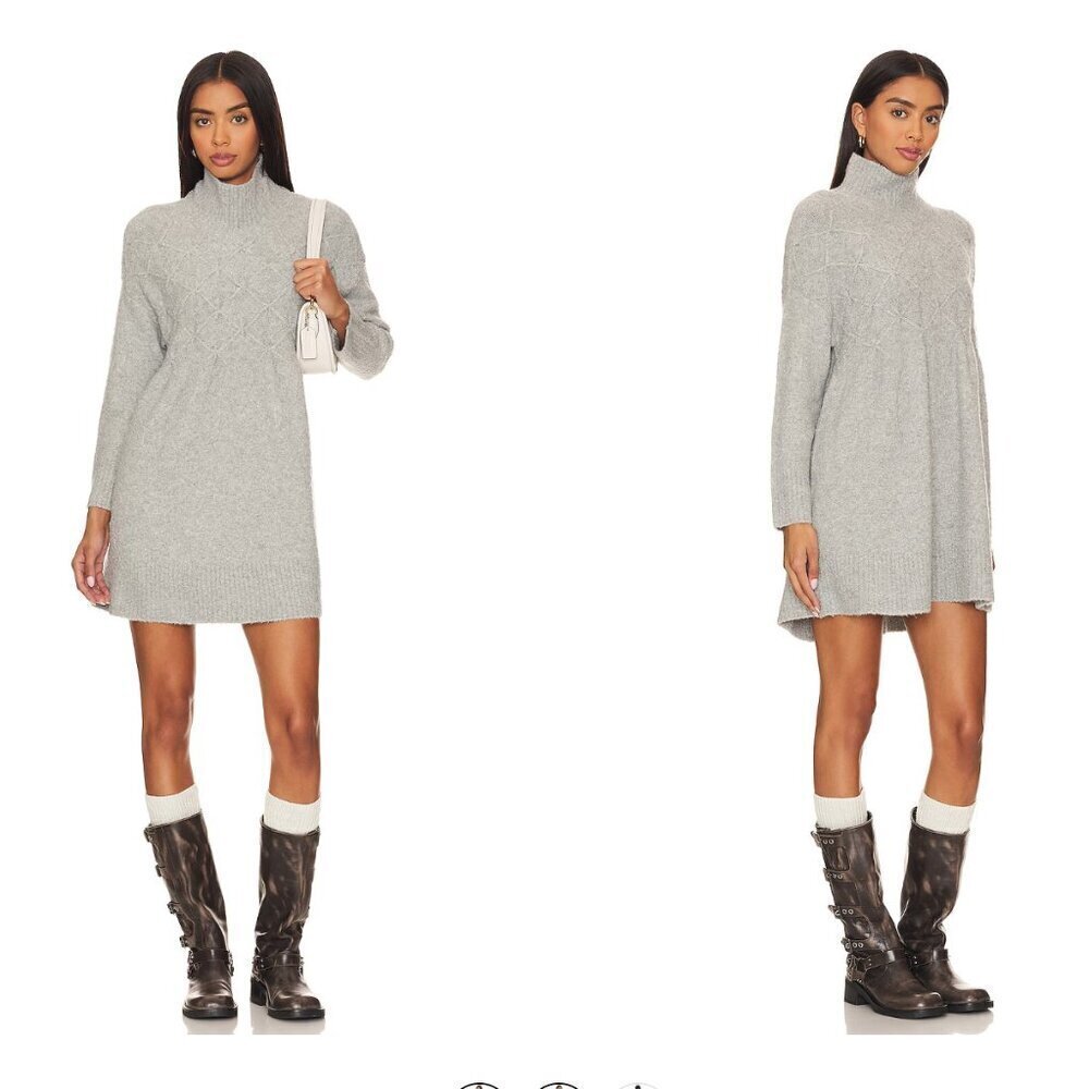 Free People Jaci Sweater Dress Mini Long Sleeve Knit Heather Gray New Size Large